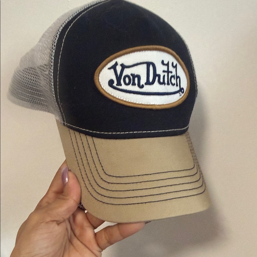 Von Dutch Navy Front Patch Trucker Hat with Tan Visor